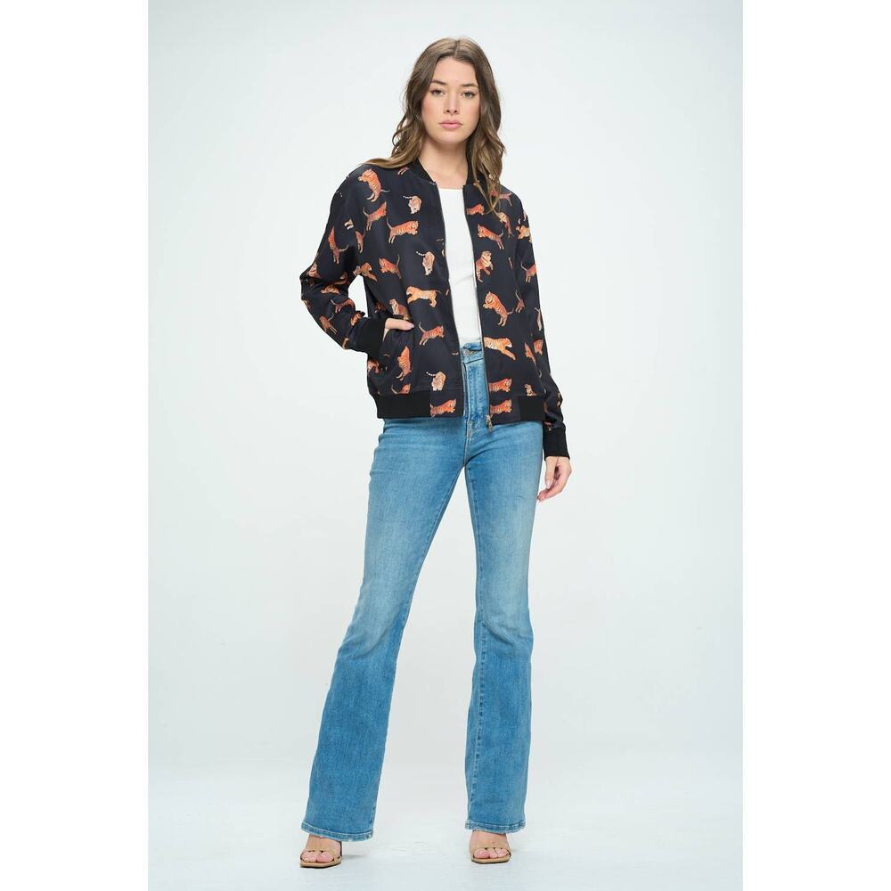 Tiger Print All Over Black Light Bomber Jacket SM Wardrove Women's M 3824 - Picture 2 of 10